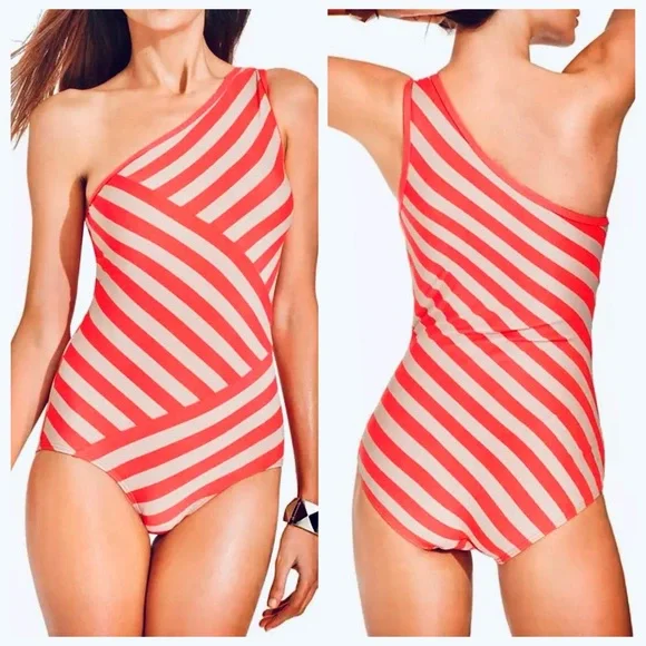 DKNY 8 One Shoulder Striped One Piece Swimsuit • Coral Nude Stripe • D63313 - Picture 9 of 10